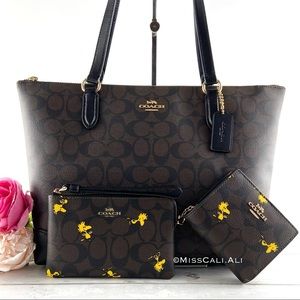 NWT COACH X PEANUTS Woodstock Wallet + Wristlet & Signature Canvas Zip Tote Bag